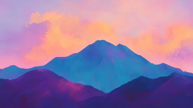 Vibrant Sunset Painting Over Majestic Mountain Peaks and Soft Clouds