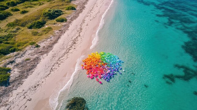 Vibrantly Colored Plastic Debris Collected Near a Remote Coastal Beach Shoreline in Clear Turquoise Waters.