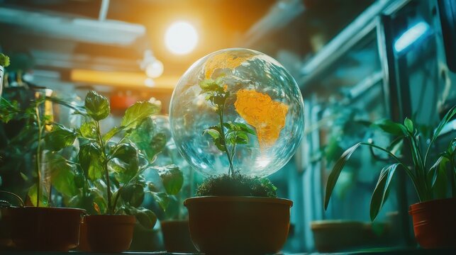 Young Plant Growing Inside a Glass Globe of Earth Amidst Lush Greenery, Symbolizing Climate Change Awareness and Hope for the Future.