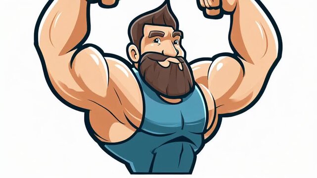 Animated muscular bearded man flexing arms to show strength and power