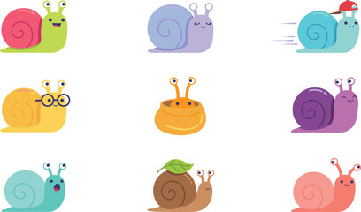 Cute cartoon snail character sticker set showing various emotions poses wearing glasses cap peeking and sleeping for kids nursery vector graphic illustration © Ms