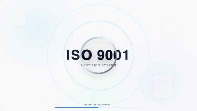ISO 9001 certified system badge with concentric circular rings and validating standards concept for quality management, compliance certification, and process standardization, seamless looping video