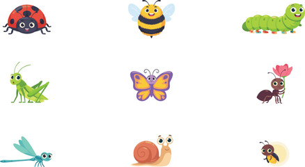 Cute cartoon insect character sticker set featuring ladybug bee caterpillar grasshopper butterfly ant dragonfly and snail mascot vector graphic illustration © Ms