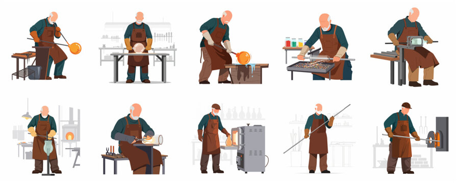 Set of professional glassblower artisan working in workshop illustrations, traditional glassblowing process and craftsmanship character design