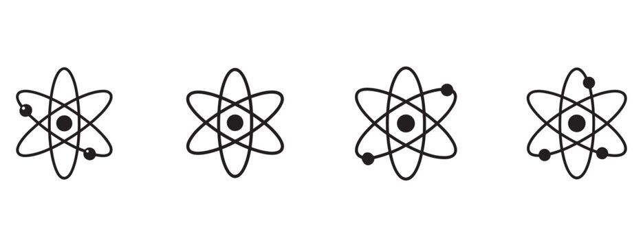 atomic structure models with electrons orbiting nucleus in various configurations  simple black line art on white background