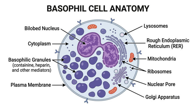 Detailed illustration of a basophil cell anatomy with labeled organelles on a white background.