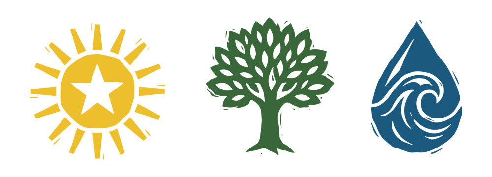 Linocut style symbols of sun, tree, and water drop in yellow, green, and blue colors.