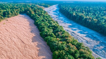 Fototapeta premium Aerial View of Amazon Rainforest Deforestation and Natural River Contrast