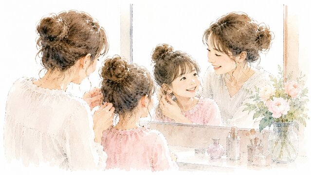 母親が娘の耳にイヤリングをつけてあげる鏡越しの優しい親子の触れ合いの水彩画風イラスト