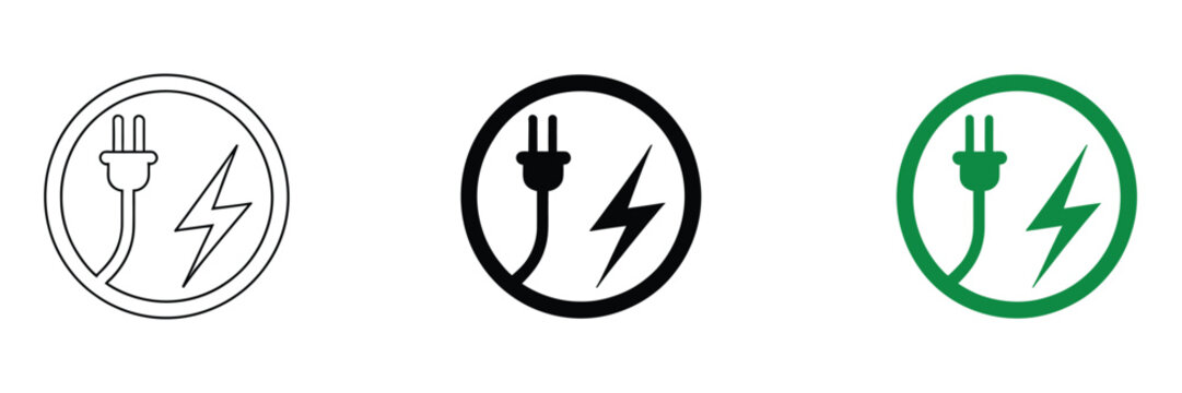 Electric car charging icon set, plug cable lightning bolt green energy power station symbols, eco transport charging station collection, sustainable mobility and clean electricity vector illustration 