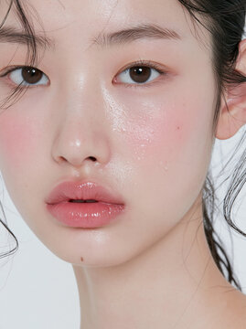 艶のあるみずみずしい肌をした若いアジア人女性の超クローズアップポートレート、ナチュラルメイク / Extreme close-up portrait of a young Asian woman with glowing dewy skin, natural makeup