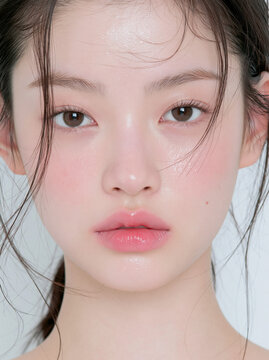 艶のあるみずみずしい肌をした若いアジア人女性の超クローズアップポートレート、ナチュラルメイク / Extreme close-up portrait of a young Asian woman with glowing dewy skin, natural makeup