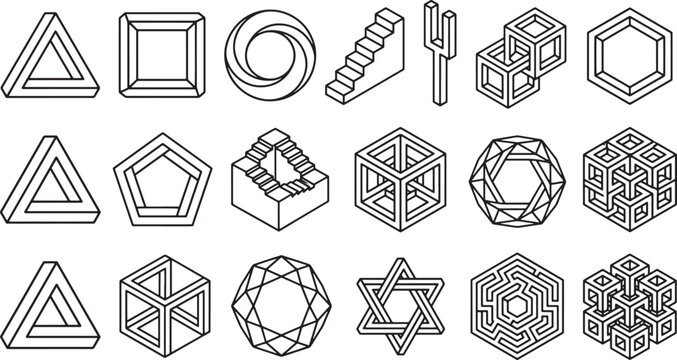 Set of impossible geometric shapes and optical illusions in black and white line art vector illustration