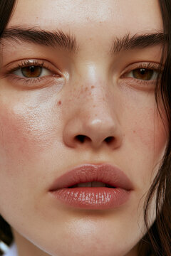 女性の顔のクローズアップ 美肌とそばかす ナチュラルメイク / Close-up of a woman's face with beautiful skin, freckles, and natural makeup.