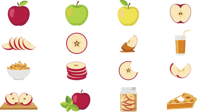 Fresh apple fruit flat vector icons set with red green slices juice pie and cider isolated on white background