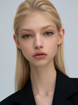 黒いジャケットを着た金髪の若い女性のスタイリッシュなポートレート、クールな表情と明るい背景 / Stylish portrait of a young blonde woman wearing a black jacket, cool expression and bright background