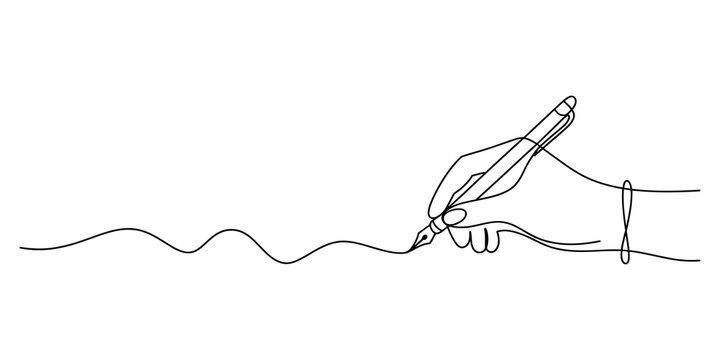 Continuous line drawing of a hand holding a pen writing on paper