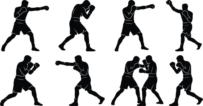 Dynamic Boxing Silhouette Collection Showing Fighter Poses and Training Movements