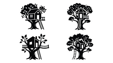 Fototapeta premium Treehouse silhouette icon set, black and white wooden tree house vector illustrations, 4 rustic backyard playhouse designs for children and nature branding