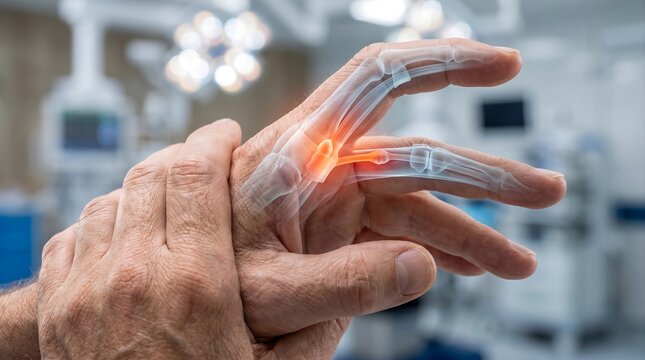 Man Suffering From Finger Joint Pain With Finger Anatomy Overlay
