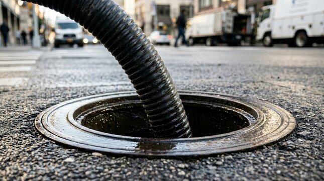 Flexible hose inserted into a manhole for trenchless pipe relining process.