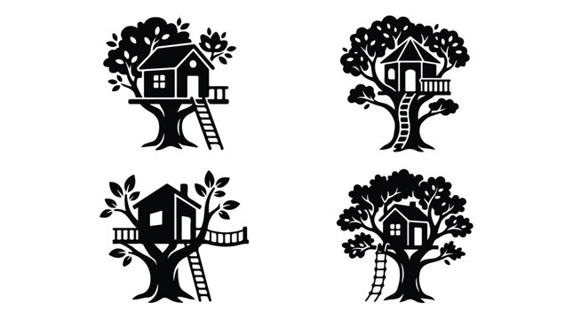 Treehouse silhouette icon set, black and white wooden tree house vector illustrations, 4 rustic backyard playhouse designs for children and nature branding