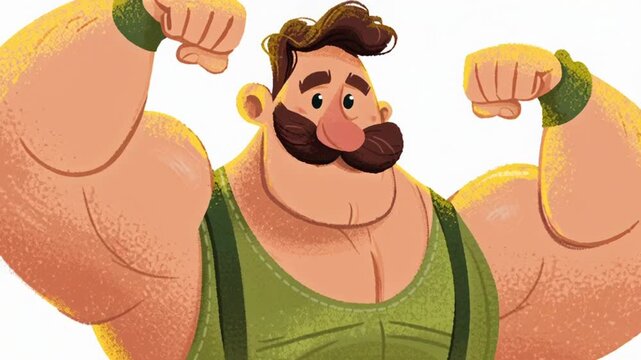 Strong man character flexing large biceps in a 2D animation style