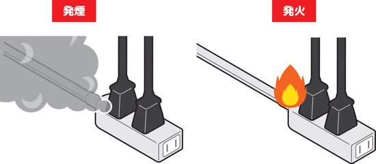 電源プラグからの発火と発煙のバリエーションを並べたアイソメトリックイラストセット © yotsuda