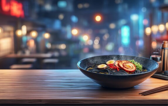 Vivid Black Ramen with Garlic and Toppings on Wooden Table in City Setting