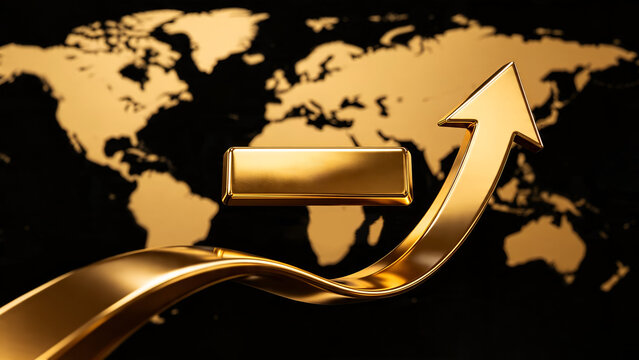 Premium fine gold bar with a rising golden arrow over a black and gold world map background conceptualizing global economic rally and market growth.