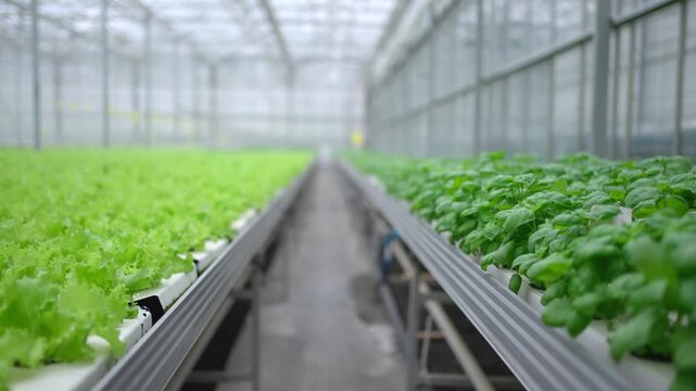 Agro-food production of row growing farm hydroponic greenhouse fresh lettuce leaves and basil. Factory vegetable industrial facility. Farming planting industry agriculture plant.