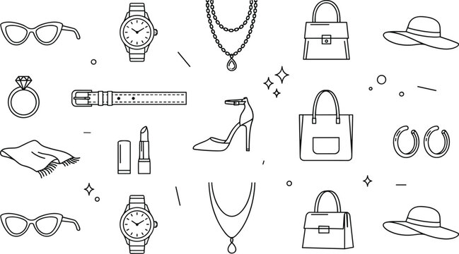 Minimalist outline fashion accessories vector icon set featuring luxury jewelry handbags sunglasses watches high heels and cosmetics isolated on white background