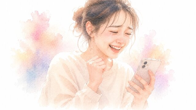 スマートフォンを見て感動する若い女性、喜びの表情とガッツポーズの水彩イラスト