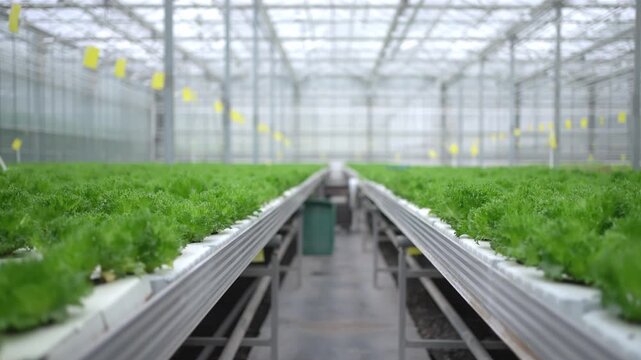 Agro-food production of row growing farm hydroponic greenhouse fresh lettuce leaves. Factory vegetable industrial facility. Farming planting industry agriculture plant.