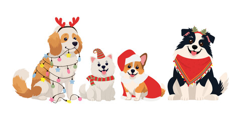 Adorable vector illustration of four different purebred dogs wearing festive winter outfits including a santa hat, reindeer antlers, a cozy striped scarf, christmas tree headbands, and a red bandana © Elena
