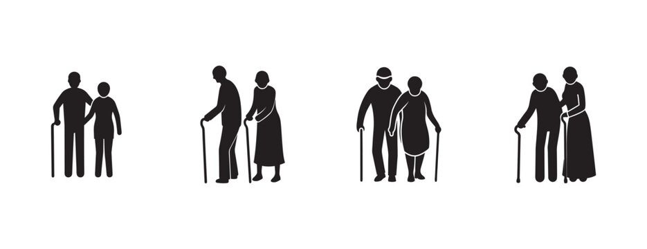 elderly people walking with canes and their caregivers in various supportive poses