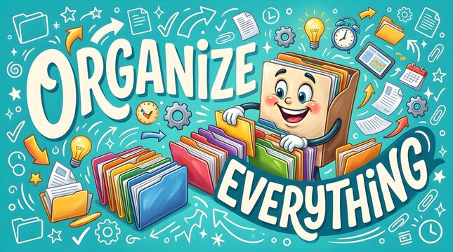Happy cartoon file folder character organizing colorful documents and office supplies