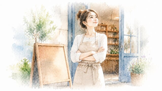店先で腕を組み空を見上げ微笑むエプロン姿の若い女性店主の水彩画風イラスト