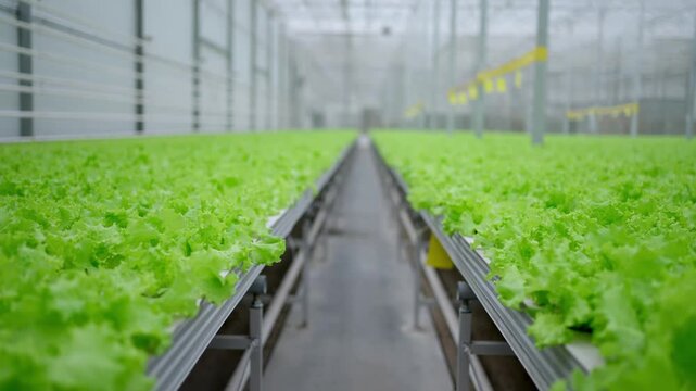 Agro-food production of row growing farm hydroponic greenhouse fresh lettuce leaves. Factory vegetable industrial facility. Farming planting industry agriculture plant.