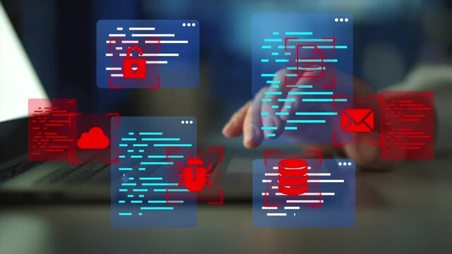 Hacking and cyber crime concept. Hackers exploit vulnerabilities in source code to launch cyberattacks. 