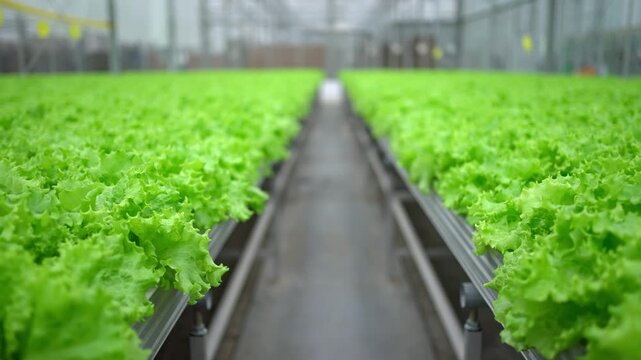 Agro-food production of row growing farm hydroponic greenhouse fresh lettuce leaves. Factory vegetable industrial facility. Farming planting industry agriculture plant.