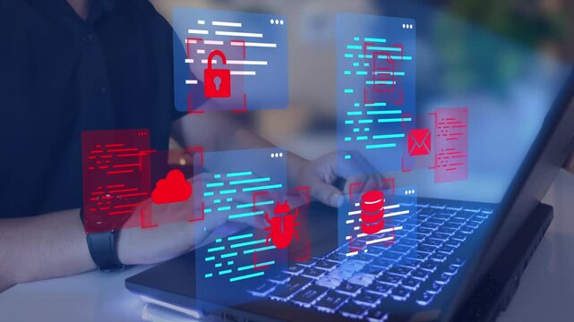 Hacking and cyber crime concept. Hackers exploit vulnerabilities in source code to launch cyberattacks. 
