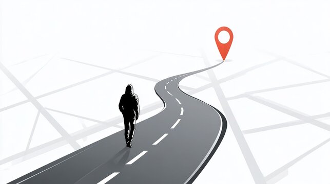 Minimal geometric graphic of back view person walking on winding road with broken white lines, distant red GPS marker as destination endpoint, subtle grey map grid on white plane, clean minimalist com
