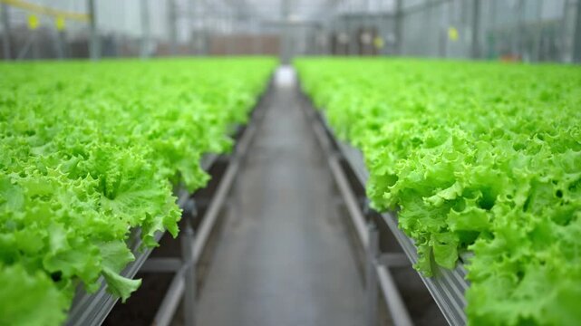Agro-food production of row growing farm hydroponic greenhouse fresh lettuce leaves. Factory vegetable industrial facility. Farming planting industry agriculture plant.
