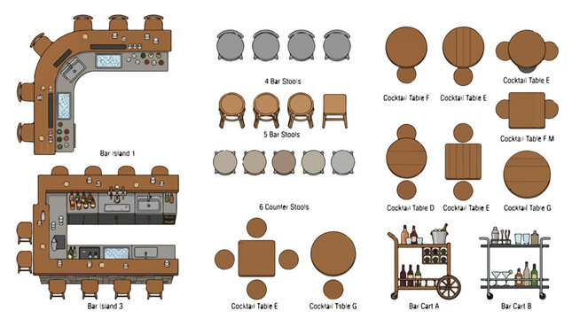 Bar furniture floor plan icons, restaurant interior design elements in top view, wooden bar island and cocktail table vector set for architectural layouts