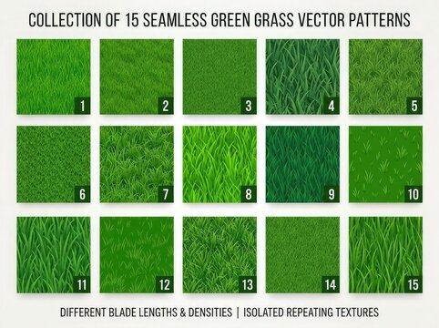 Collection of 15 seamless green grass vector patterns with different blade lengths and densities