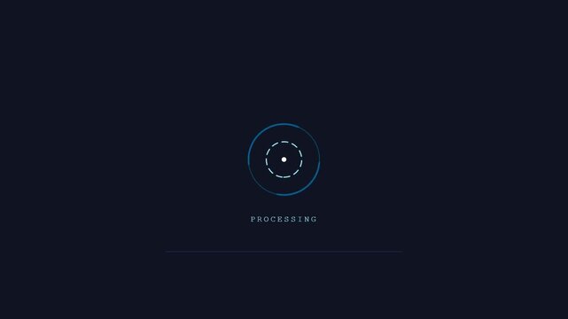 A futuristic loading animation appears on a dark screen with a blue circle.