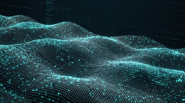 Data stream visualization composed of glowing cyan digital cubes creating undulating topography representing information flow within massive complex network infrastructure.