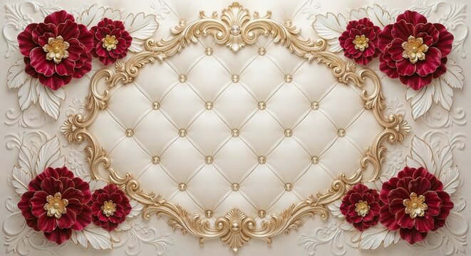 Luxury Cream Quilted Tufted Wall Panel with Gold Border