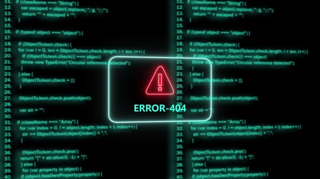 Digital error 404 notification with glowing red warning overlaying scrolling software source code lines on a dark background, for cybersecurity, web, development, and technical, failure concepts